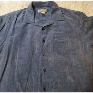 Mens short sleeve button-up Palm tree blue pocket silk shirt L